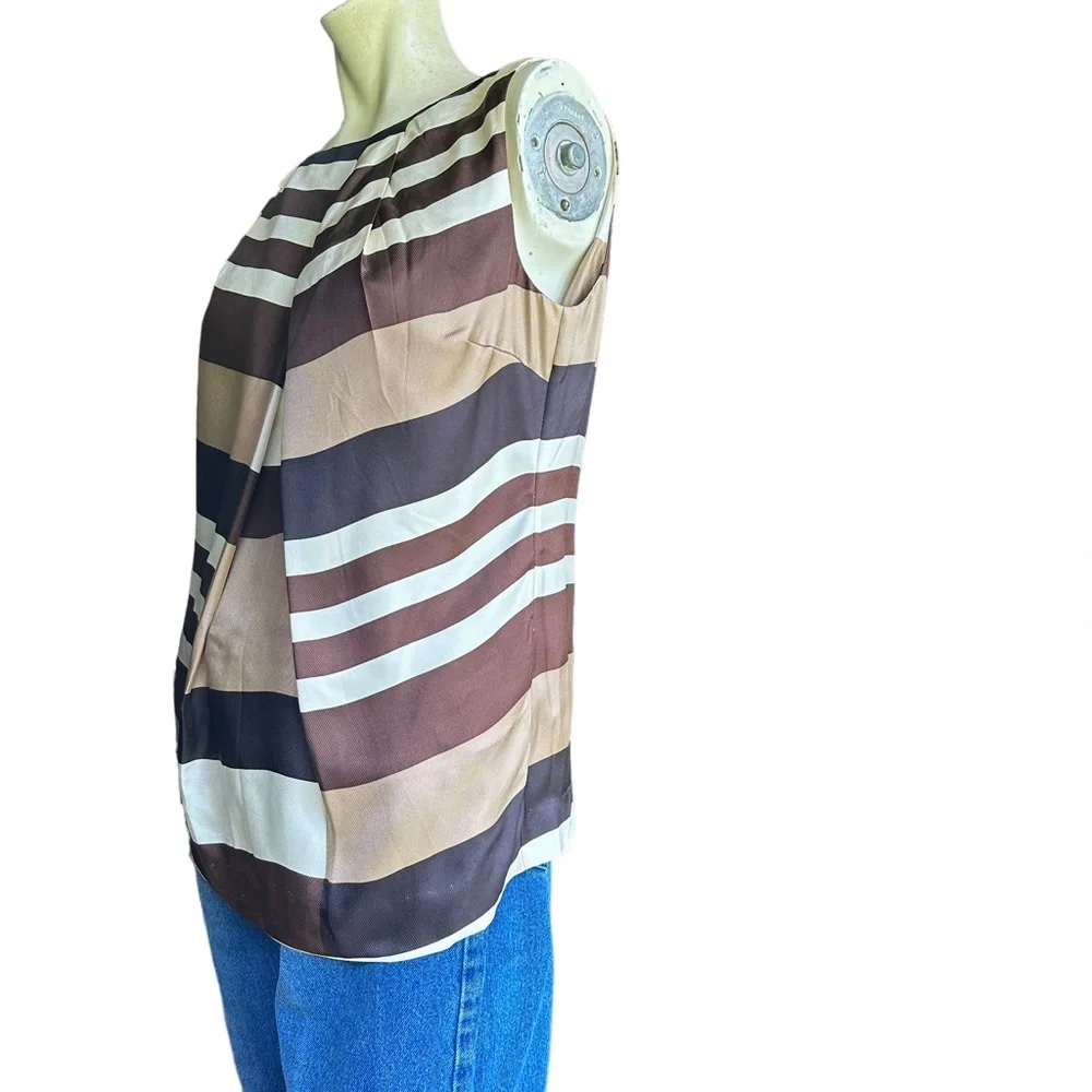 Tory Burch High Neck Neutral Striped Checkered Pleated 100% Silk Modest Size 6